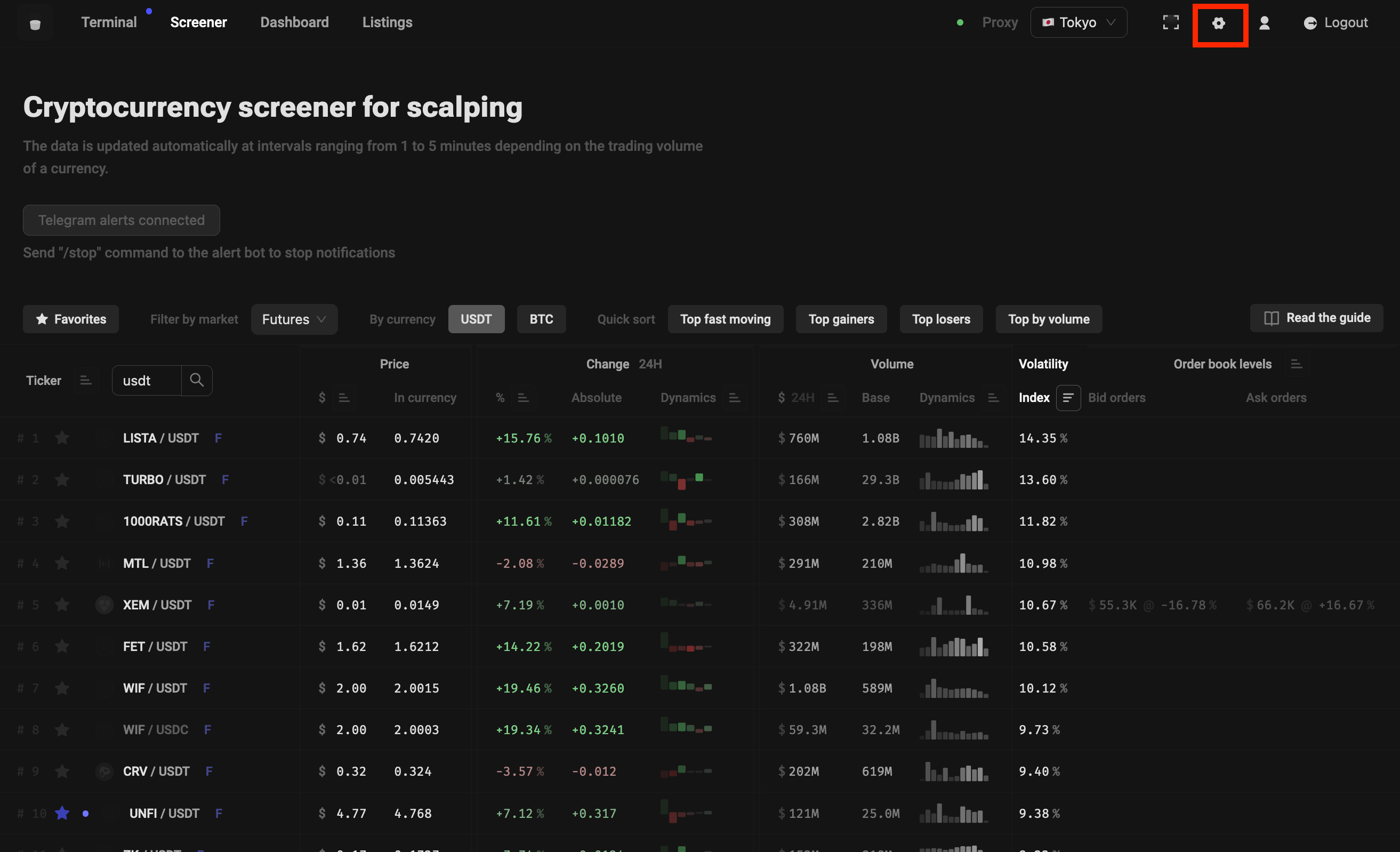 settings button in stakan.io cryptocurrency screener interface