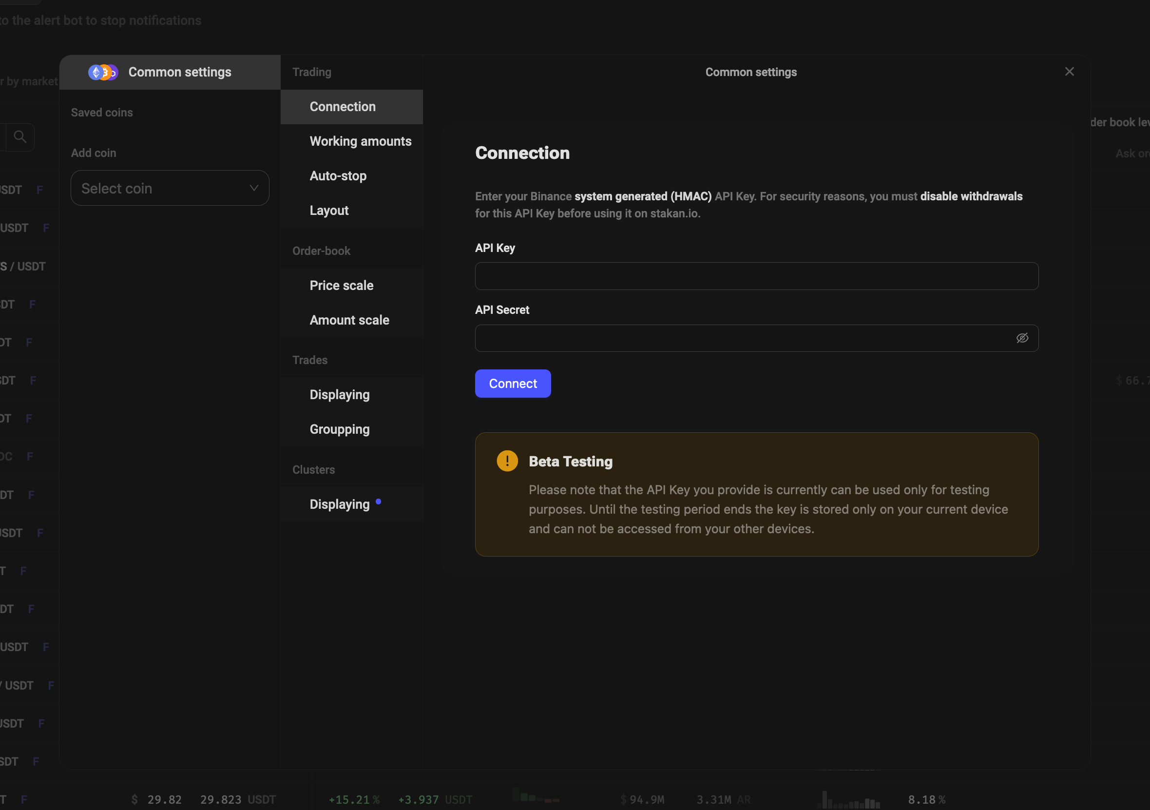 connection settings in stakan.io